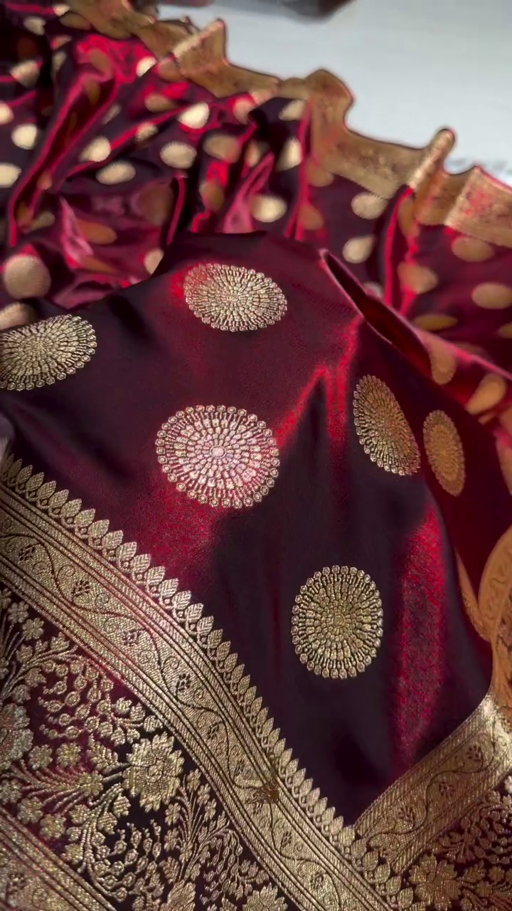 Maroon Banarasi Silk Saree with Gold Zari Circular Medallion Motifs & Rich Woven Border