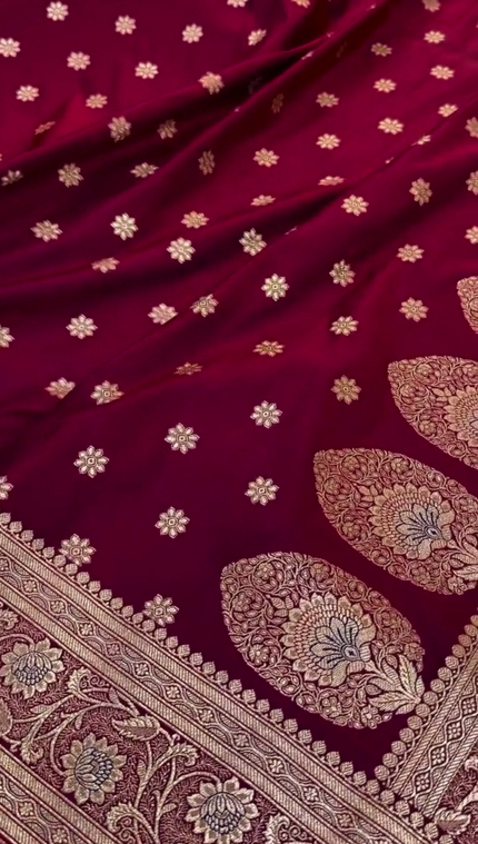 Wine Red Banarasi Silk Saree with Golden Zari Floral Motifs & Rich Border