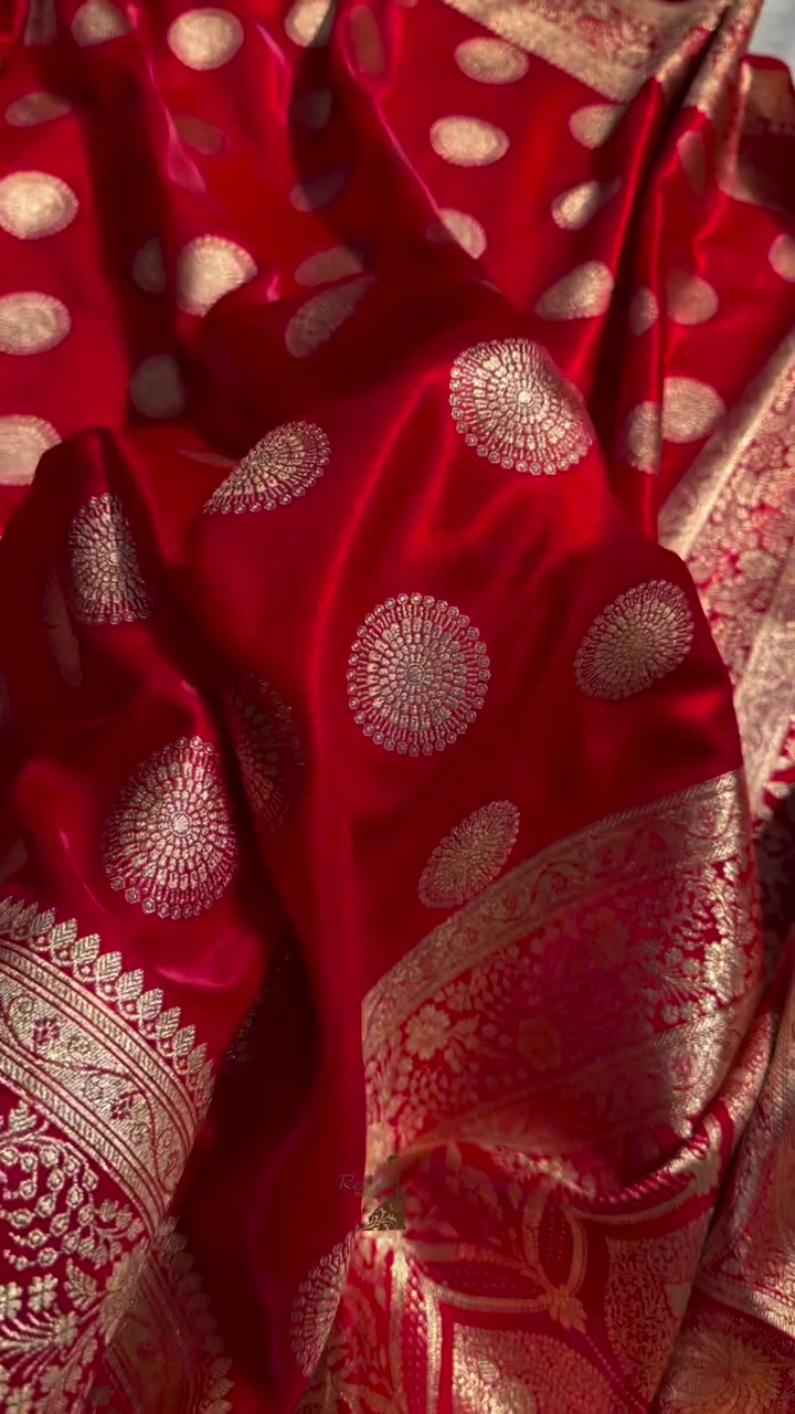 Bright Red Banarasi Silk Saree with Gold Zari Circular Medallion Motifs & Rich Woven Border