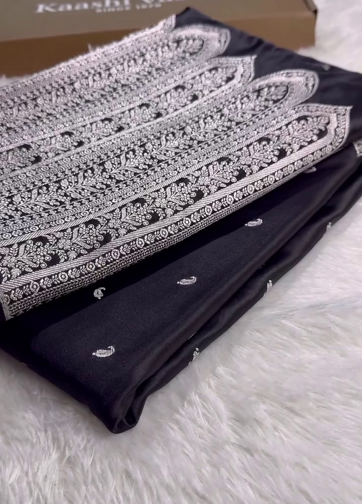 Black Banarasi Silk Saree With Heavy Silver Zari Weaving