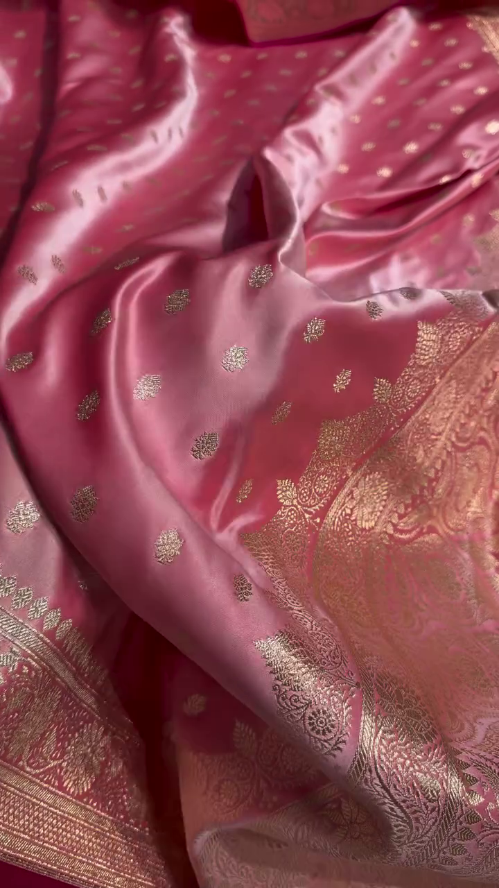 Baby Pink Banarasi Silk Saree with Golden Zari Buttas & Rich Pallu