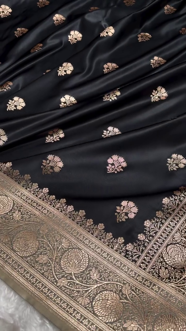 Black Banarasi Silk Saree with Golden Zari Floral Motifs & Traditional Border
