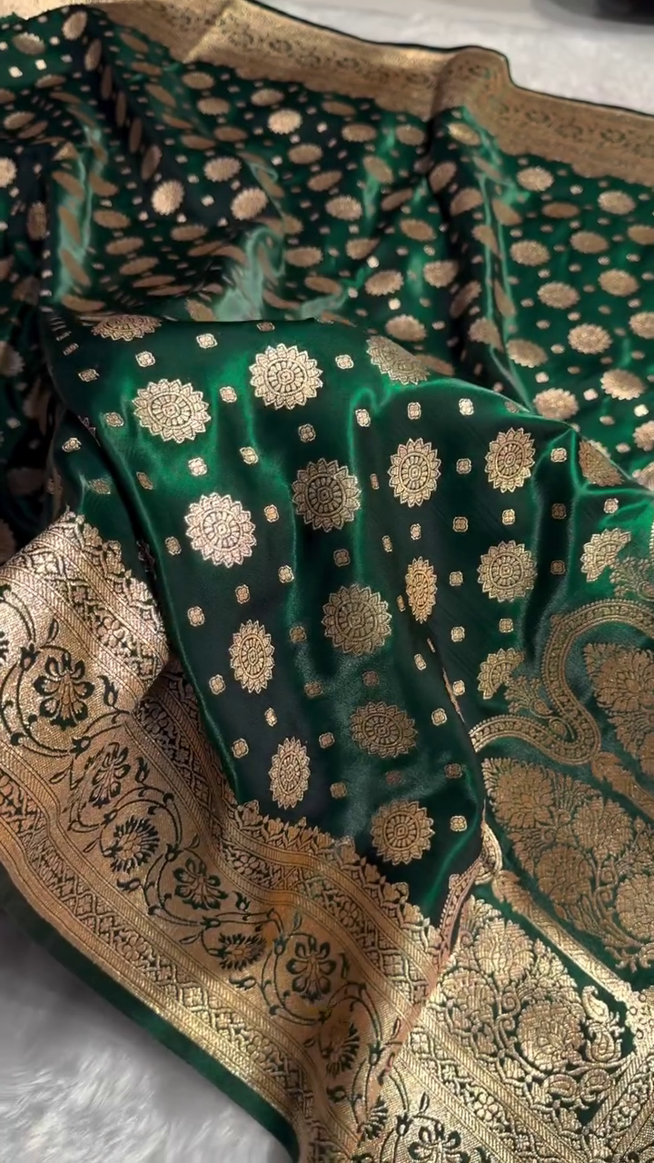 Forest Green Banarasi Silk Saree with Gold Zari Medallion Motifs & Traditional Woven Border