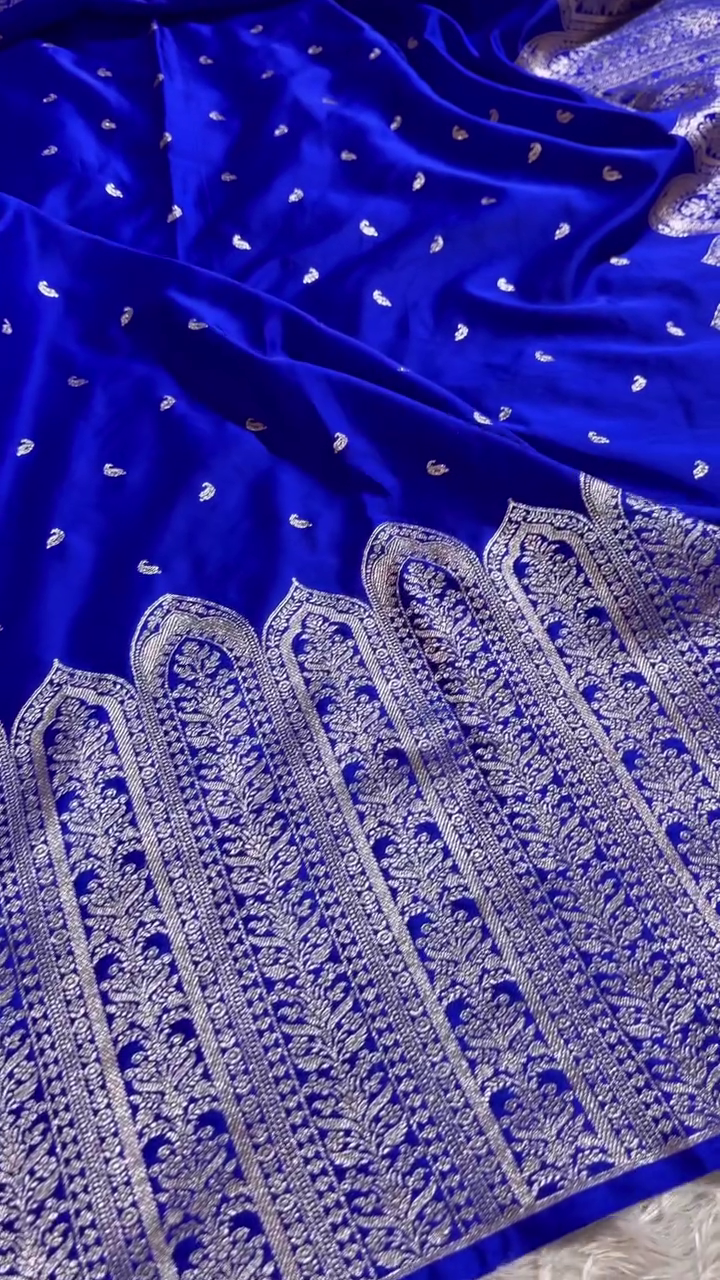 Royal Blue Banarasi Silk Saree With Heavy Silver Zari Work