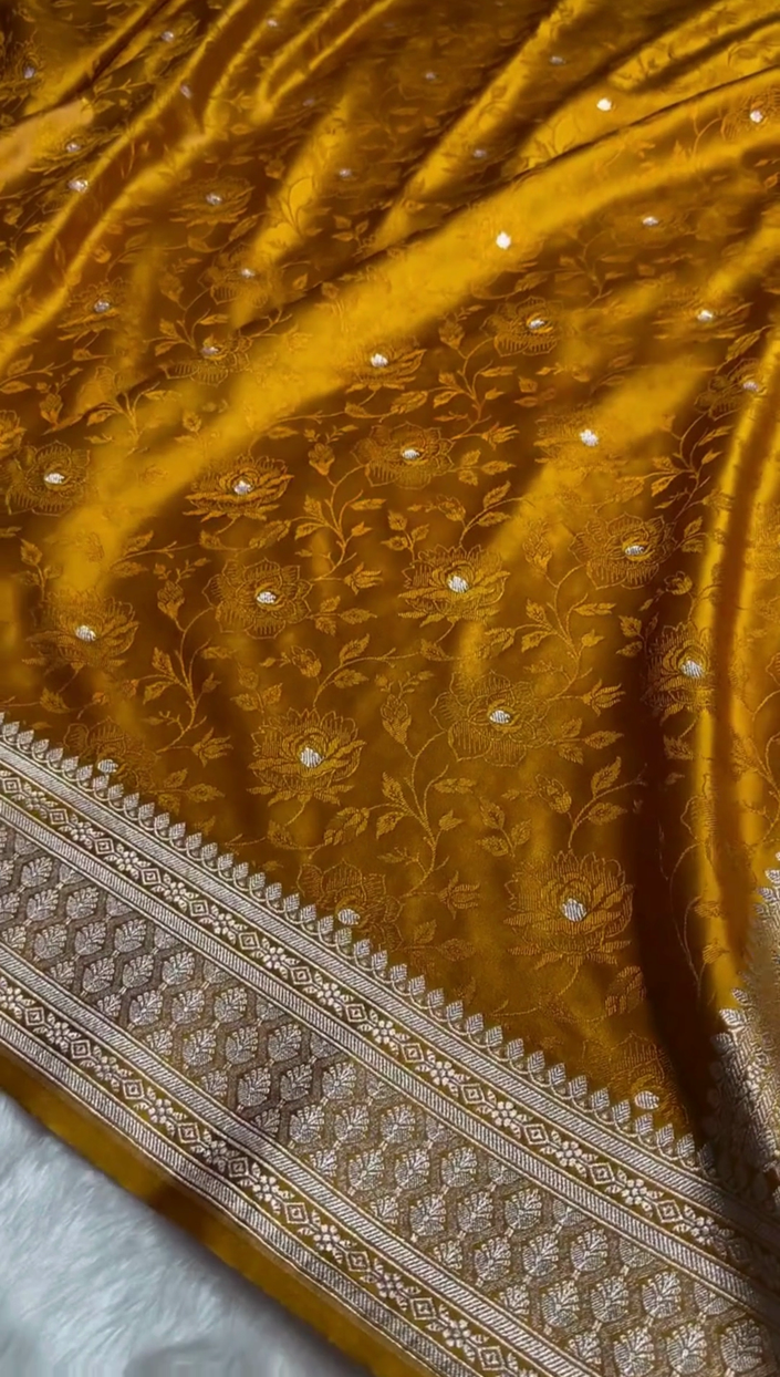 Mustard Yellow Banarasi Silk Saree with Floral Zari Weaving & Elegant Border