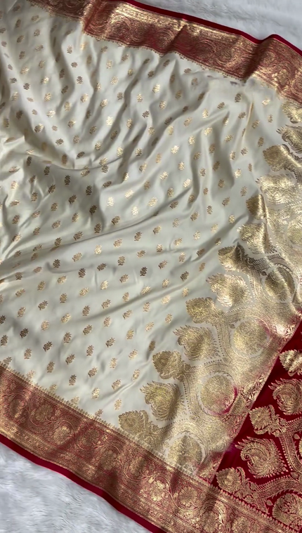 Ivory Banarasi Silk Saree with Golden Zari Buttas & Rich Paisley Border