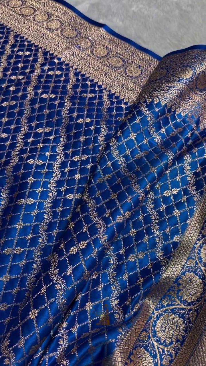 Royal Blue Banarasi Silk Saree with Gold Zari Lattice Jaal & Heavy Traditional Border