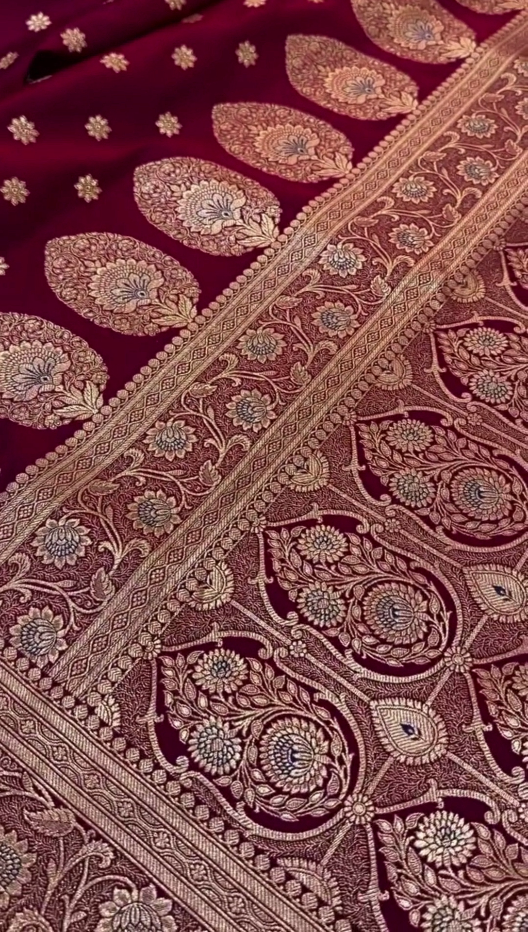 Wine Red Banarasi Silk Saree with Golden Zari Floral Motifs & Rich Border