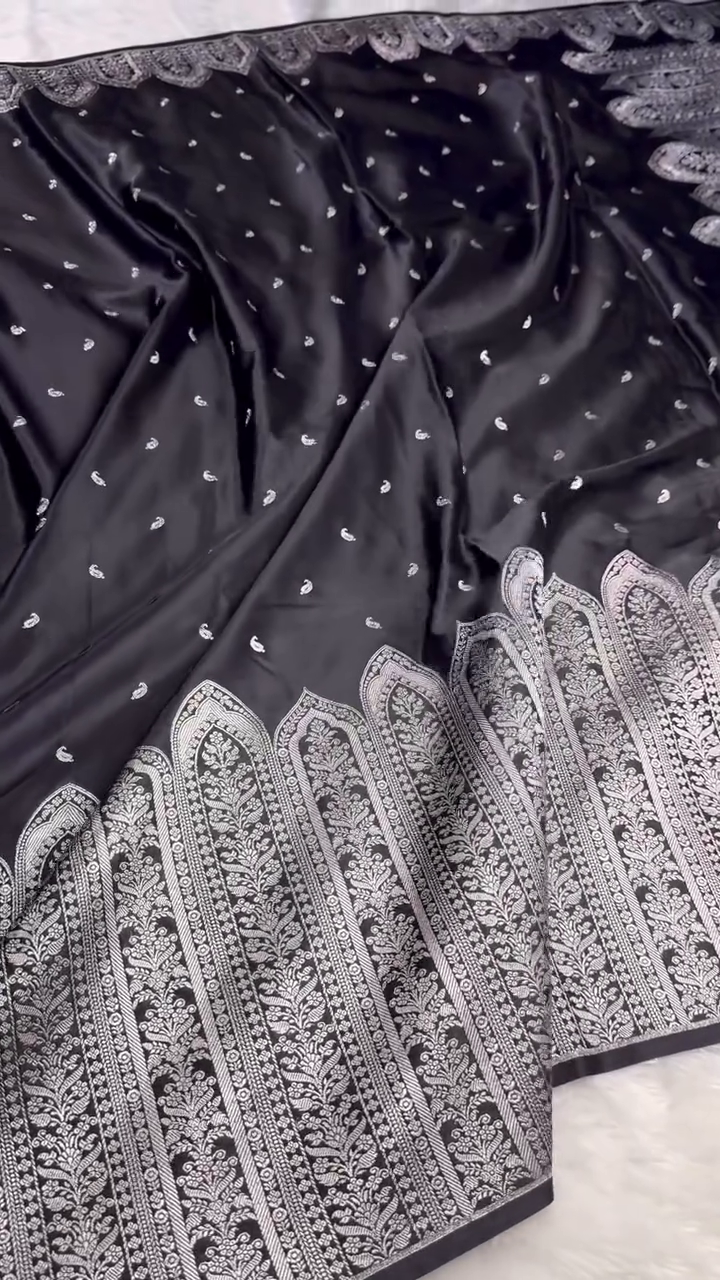 Black Banarasi Silk Saree With Heavy Silver Zari Weaving