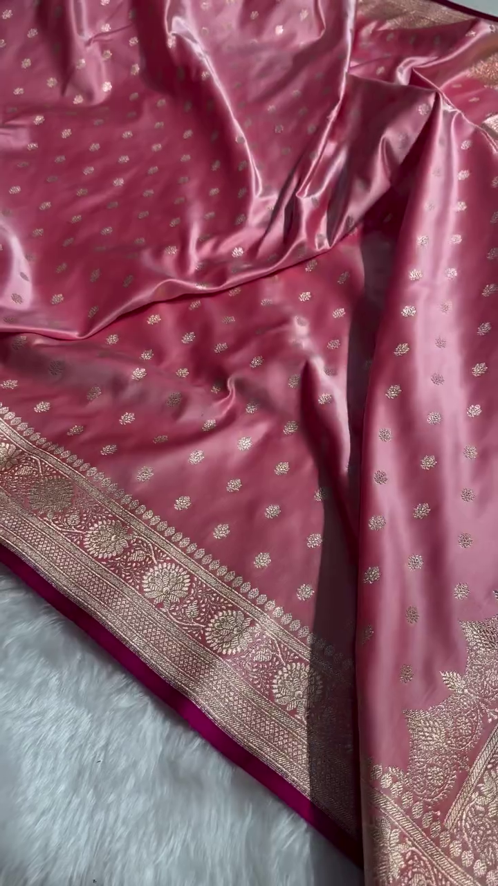 Baby Pink Banarasi Silk Saree with Golden Zari Buttas & Rich Pallu