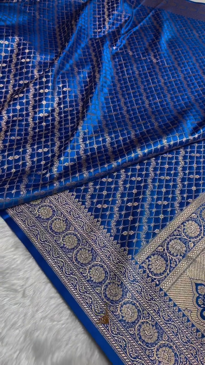 Royal Blue Banarasi Silk Saree with Gold Zari Lattice Jaal & Heavy Traditional Border
