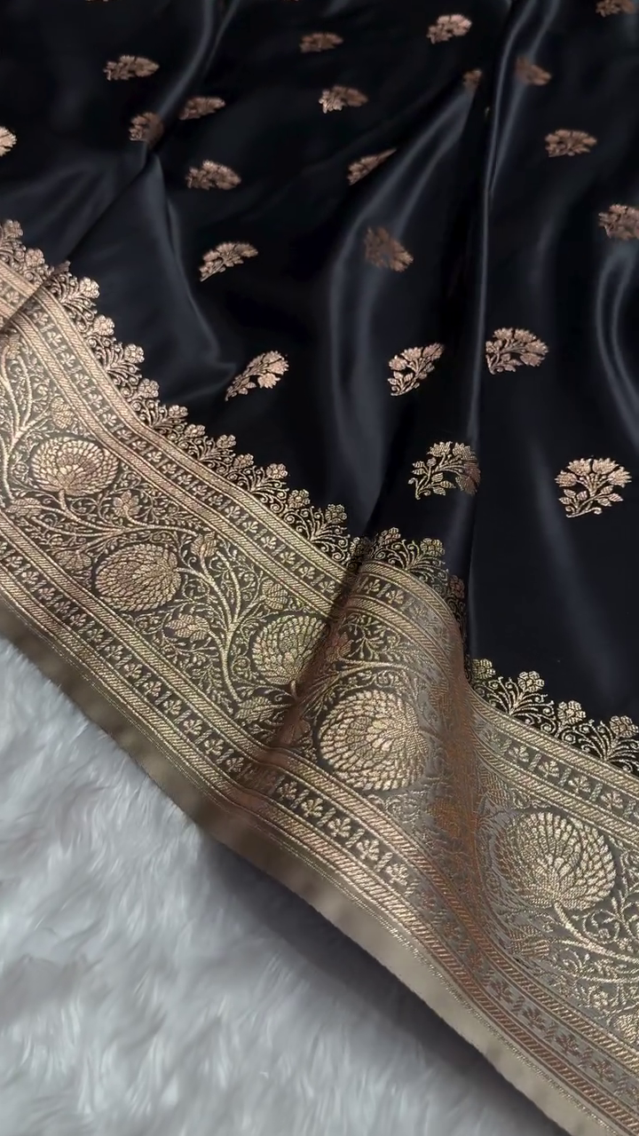 Black Banarasi Silk Saree with Golden Zari Floral Motifs & Traditional Border