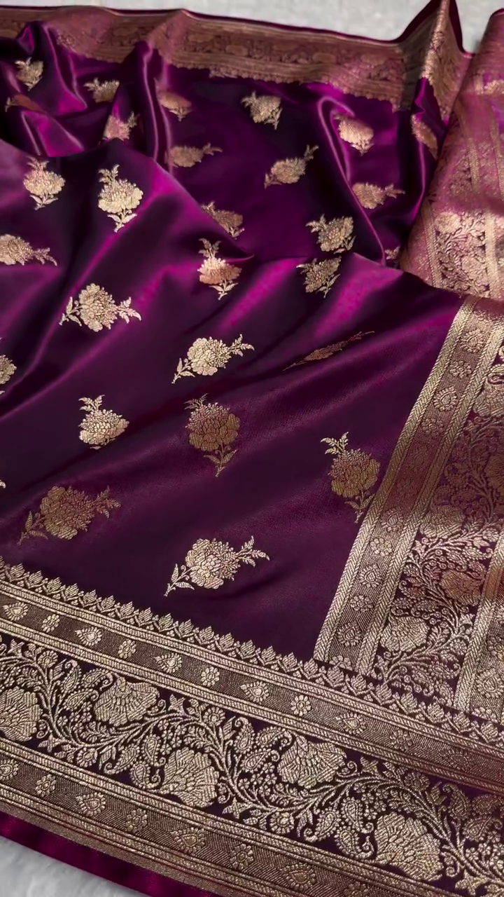 Deep Purple Banarasi Silk Saree with Golden Zari Floral Motifs & Rich Pallu
