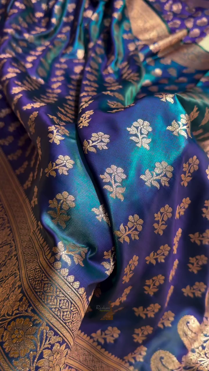 Royal Blue Banarasi Silk Saree with Gold Zari Floral Buti Motifs & Classic Woven Border