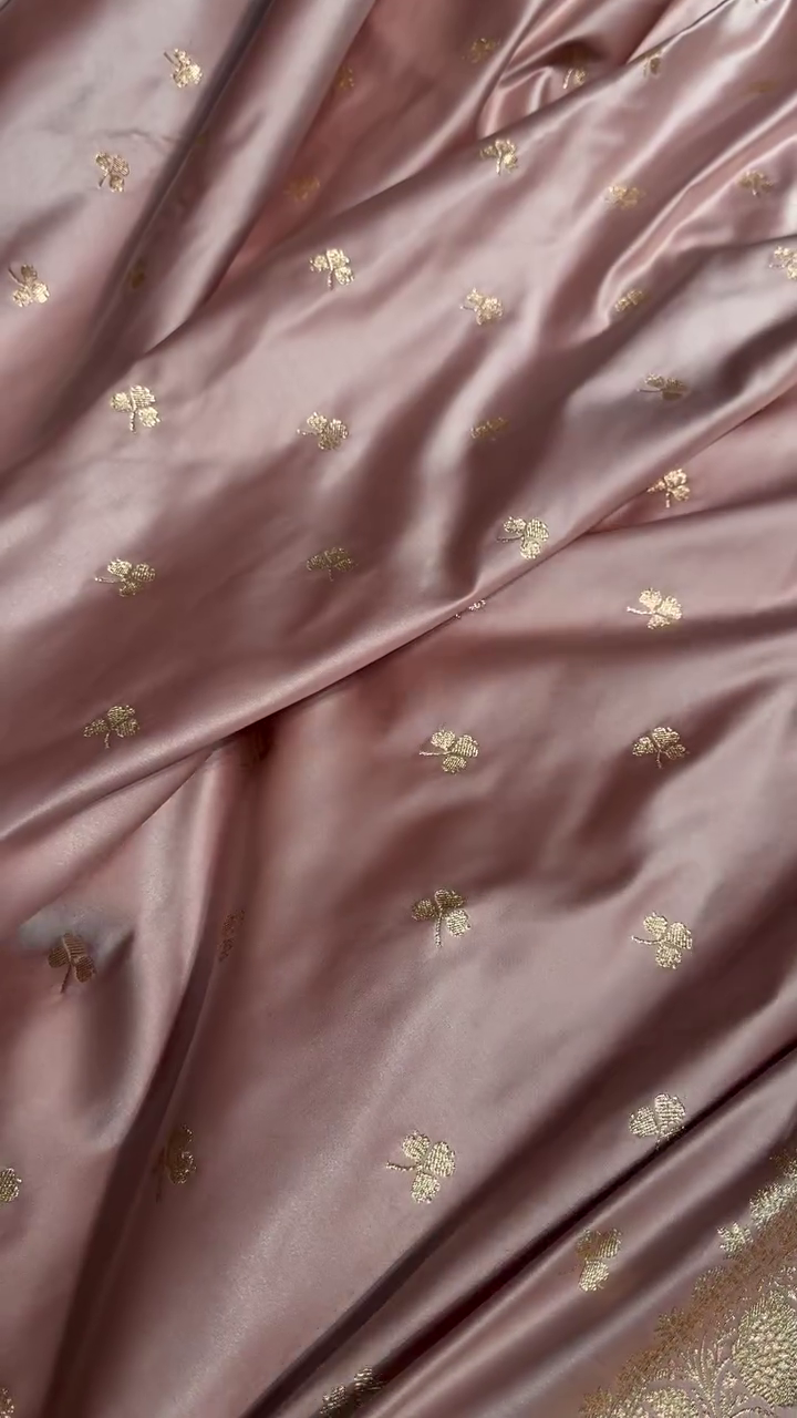 Dusty Rose Banarasi Silk Saree with Golden Zari Buttas & Elegant Border