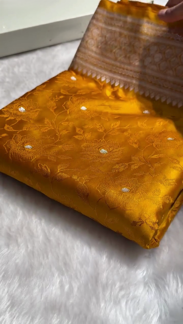 Mustard Yellow Banarasi Silk Saree with Floral Zari Weaving & Elegant Border
