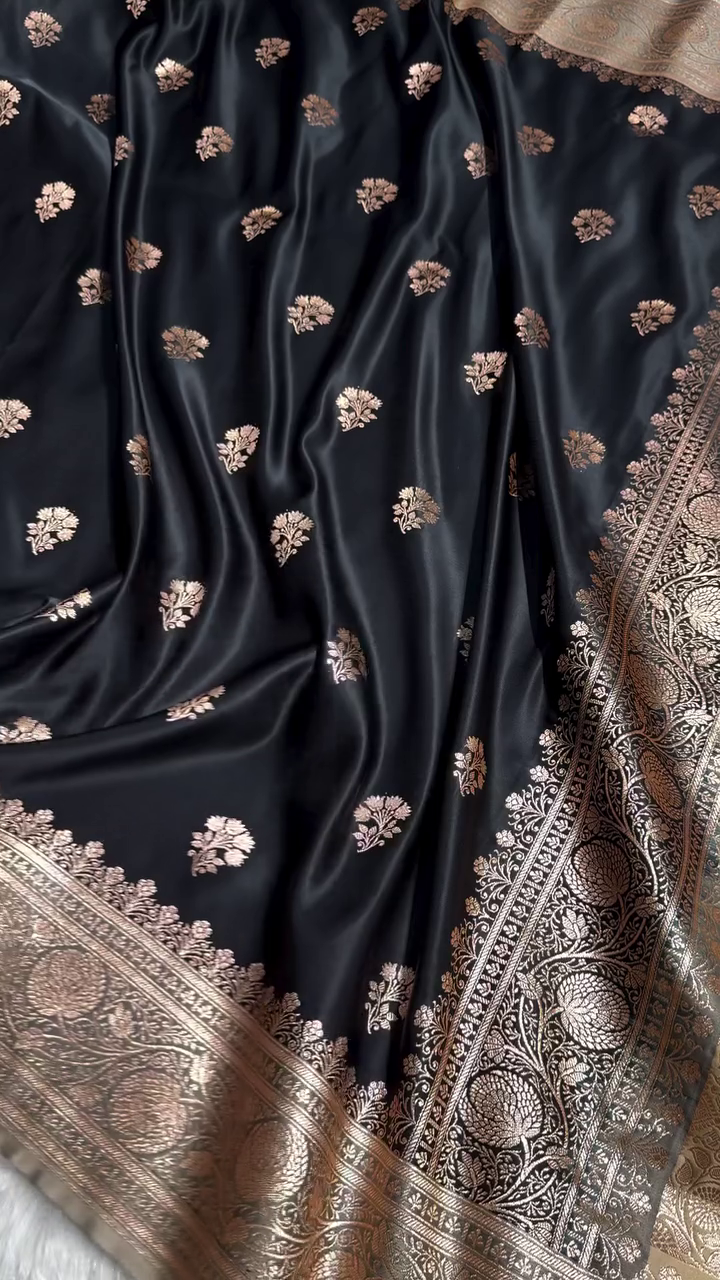 Black Banarasi Silk Saree with Golden Zari Floral Motifs & Traditional Border