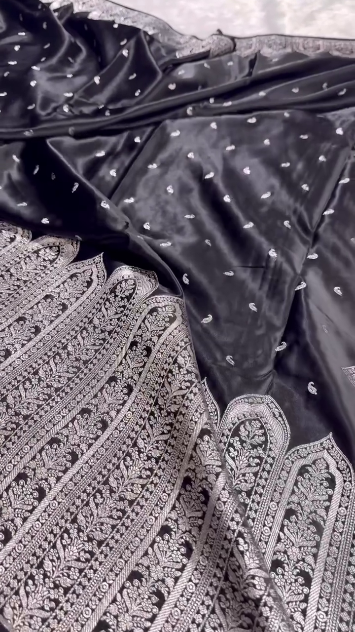 Black Banarasi Silk Saree With Heavy Silver Zari Weaving