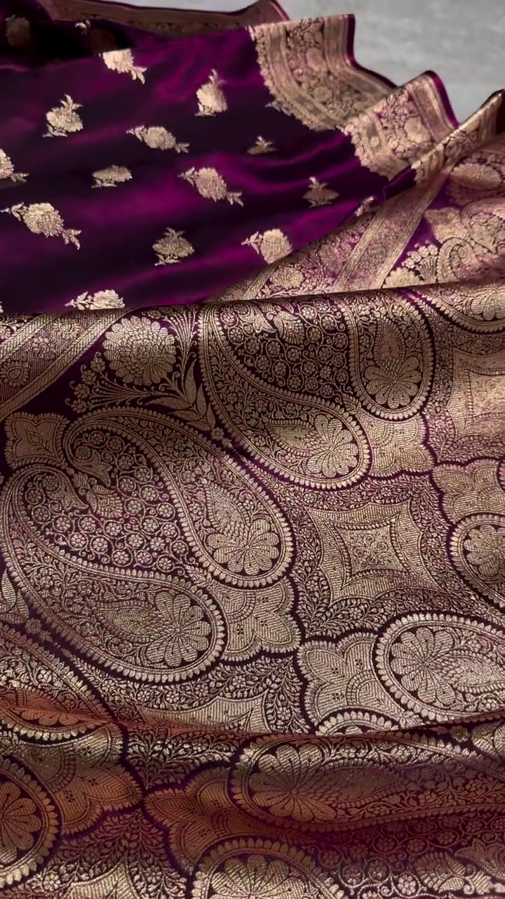 Deep Purple Banarasi Silk Saree with Golden Zari Floral Motifs & Rich Pallu