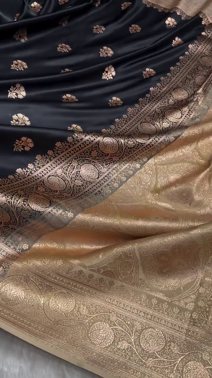Black Banarasi Silk Saree with Golden Zari Floral Motifs & Traditional Border