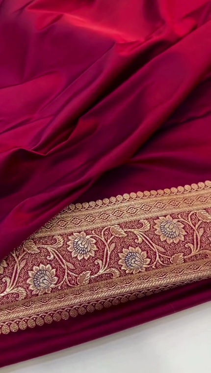 Wine Red Banarasi Silk Saree with Golden Zari Floral Motifs & Rich Border