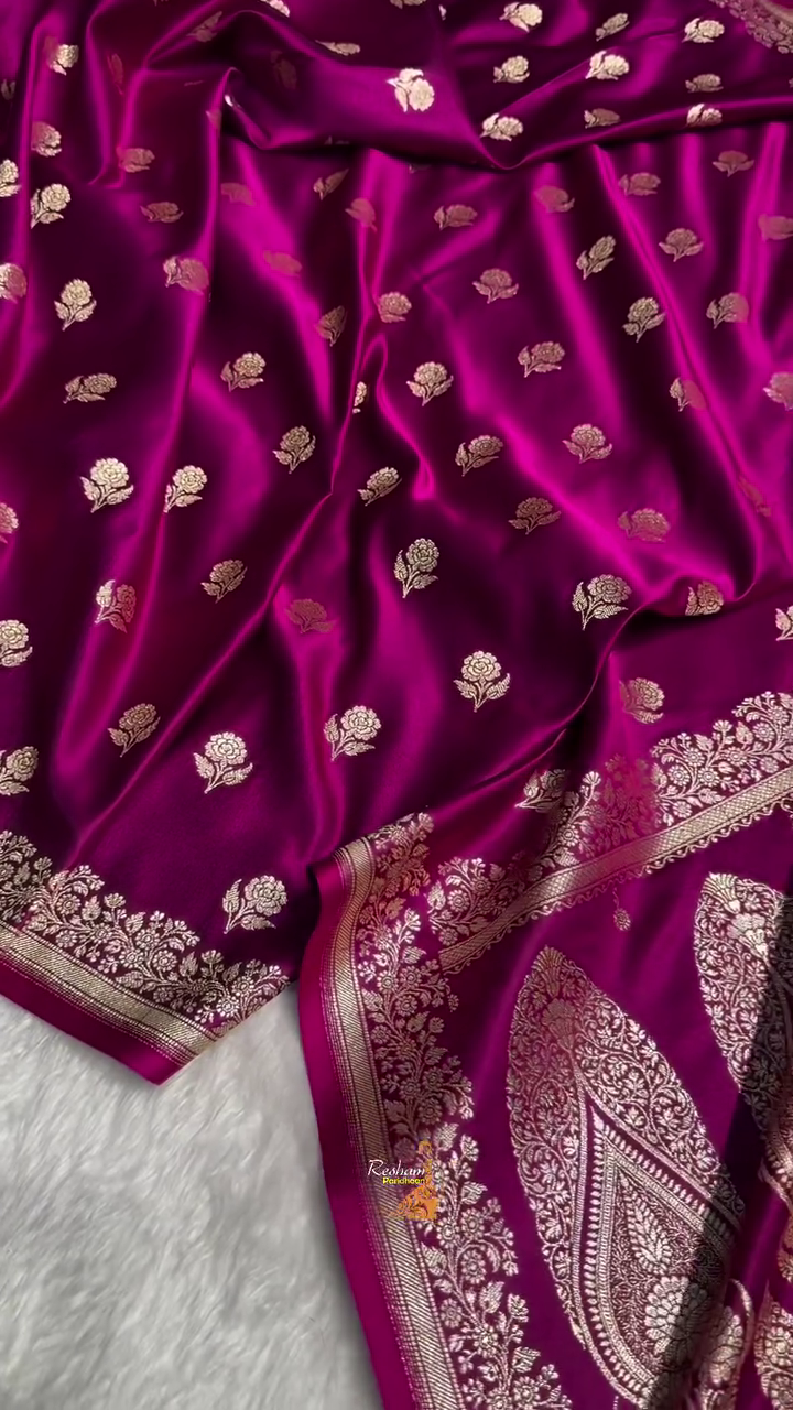 Royal Purple Banarasi Silk Saree with Gold Zari Floral Buti Motifs & Classic Woven Border