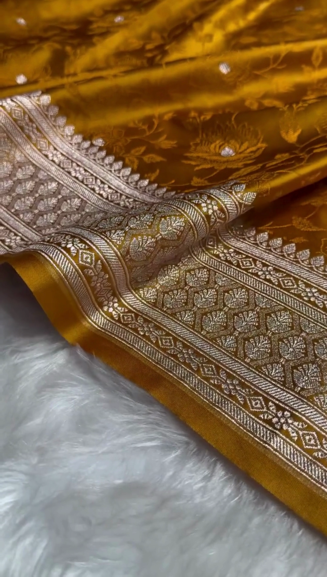 Mustard Yellow Banarasi Silk Saree with Floral Zari Weaving & Elegant Border