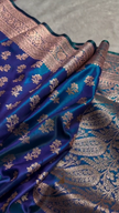 Royal Blue Banarasi Silk Saree with Gold Zari Floral Buti Motifs & Classic Woven Border