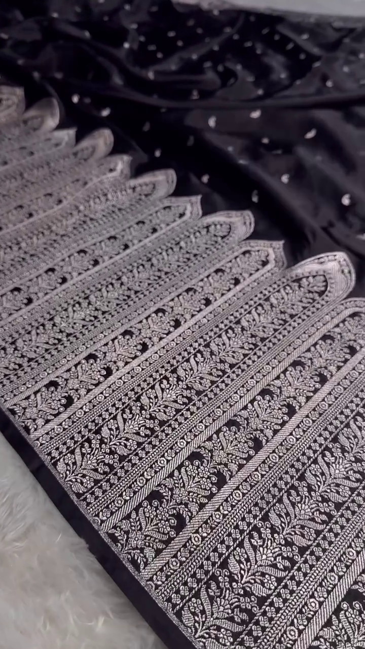 Black Banarasi Silk Saree With Heavy Silver Zari Weaving