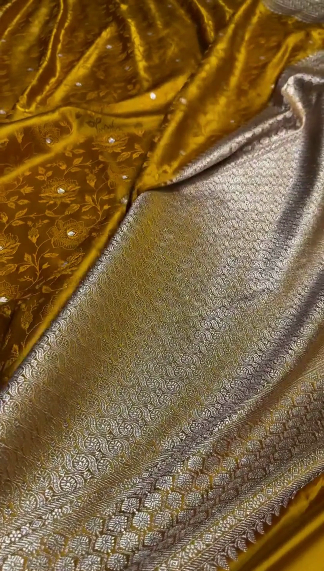 Mustard Yellow Banarasi Silk Saree with Floral Zari Weaving & Elegant Border
