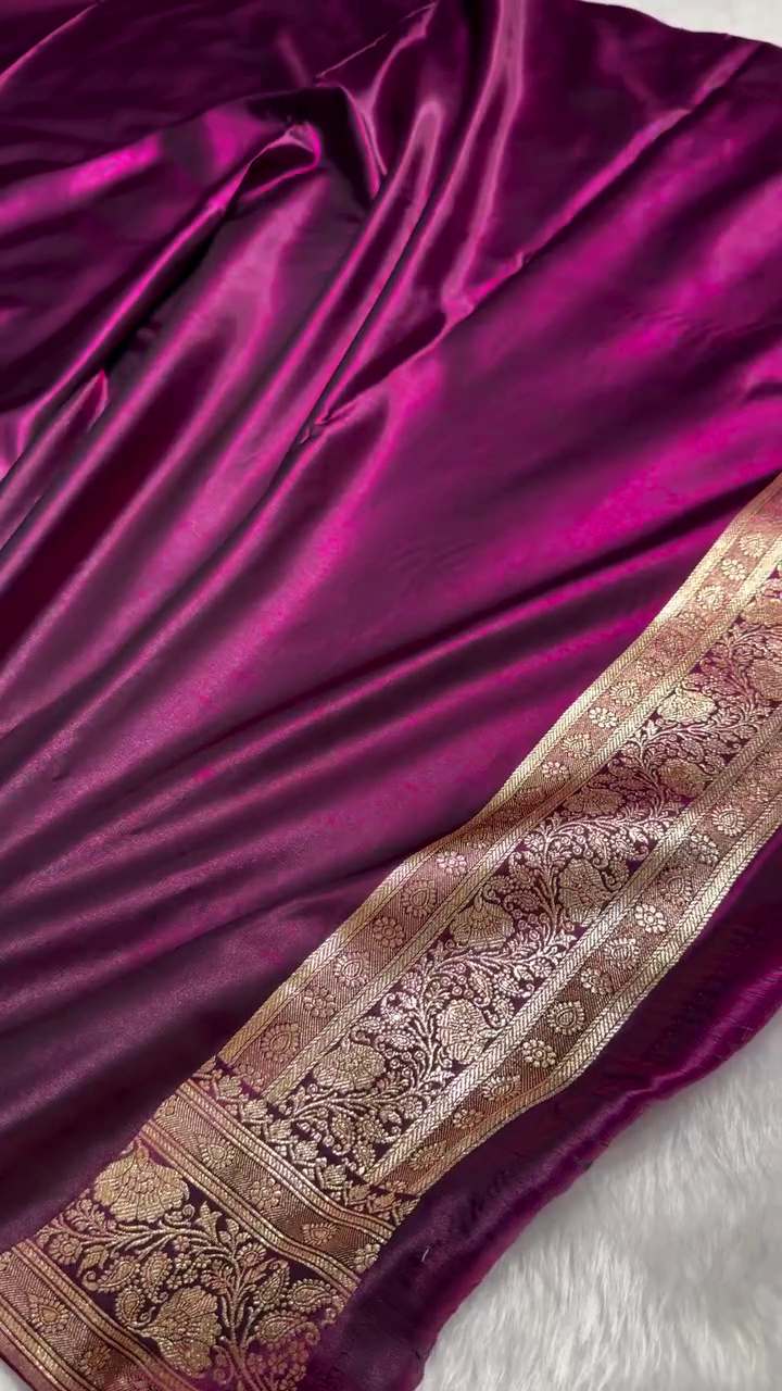 Deep Purple Banarasi Silk Saree with Golden Zari Floral Motifs & Rich Pallu
