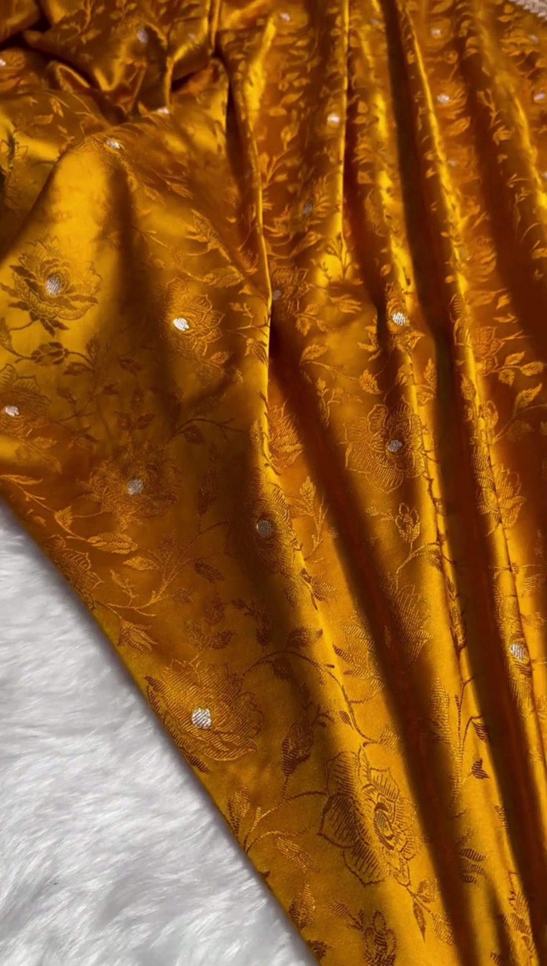 Mustard Yellow Banarasi Silk Saree with Floral Zari Weaving & Elegant Border