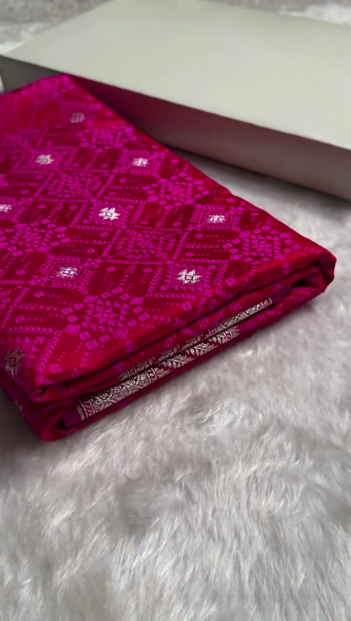 Magenta Banarasi Silk Saree with Silver Zari Geometric Weaving & Traditional Border