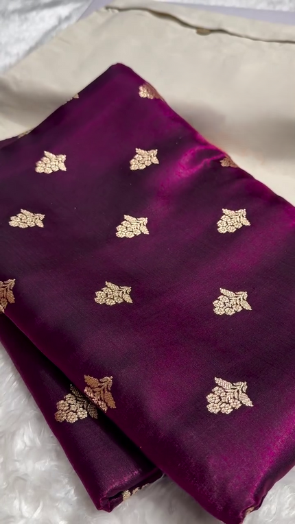 Wine Purple Banarasi Silk Saree with Gold Zari Floral Buti Motifs & Classic Woven Border