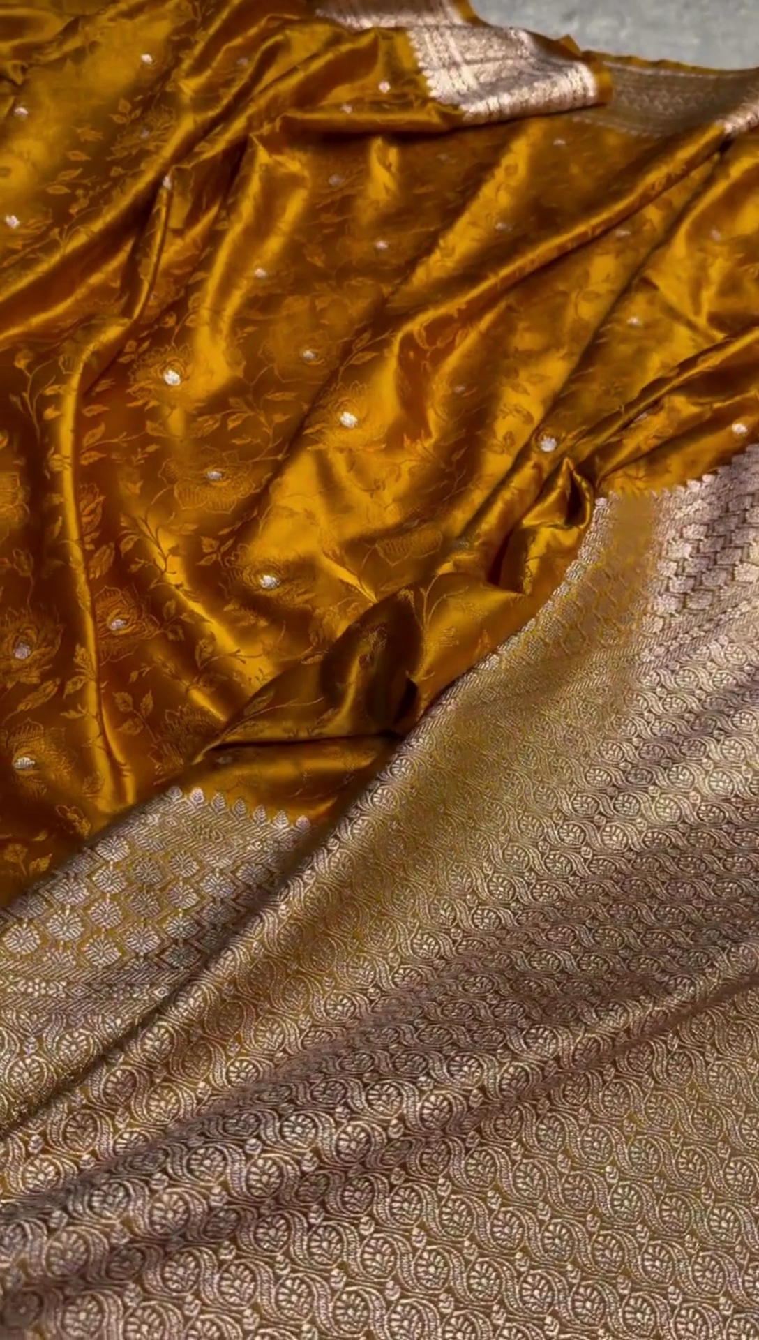 Mustard Yellow Banarasi Silk Saree with Floral Zari Weaving & Elegant Border