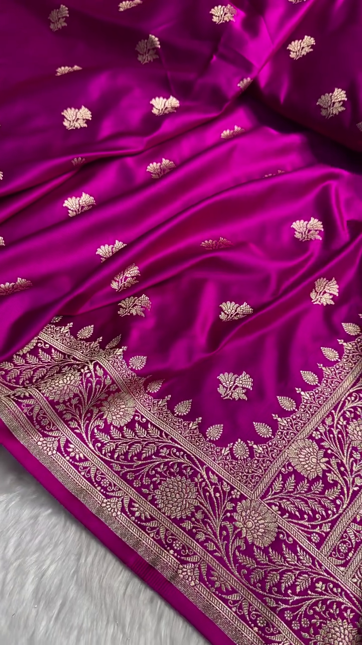 Royal Pink Banarasi Silk Saree with Golden Zari Floral Weaving