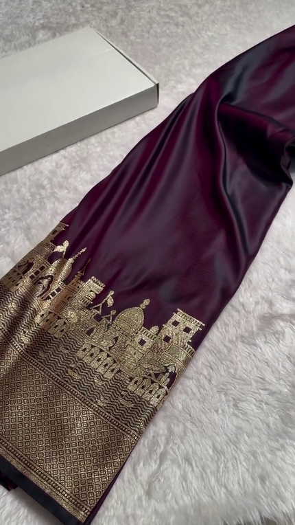 Majestic Wine Banarasi Silk Saree with Golden Zari Cityscape Border