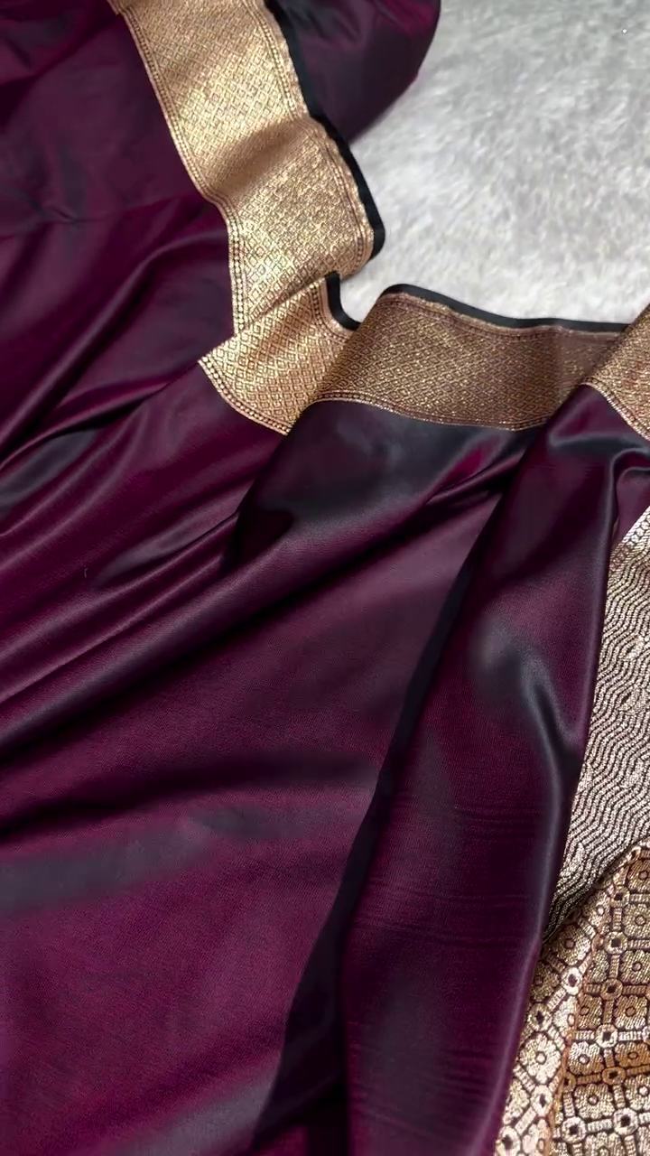 Majestic Wine Banarasi Silk Saree with Golden Zari Cityscape Border