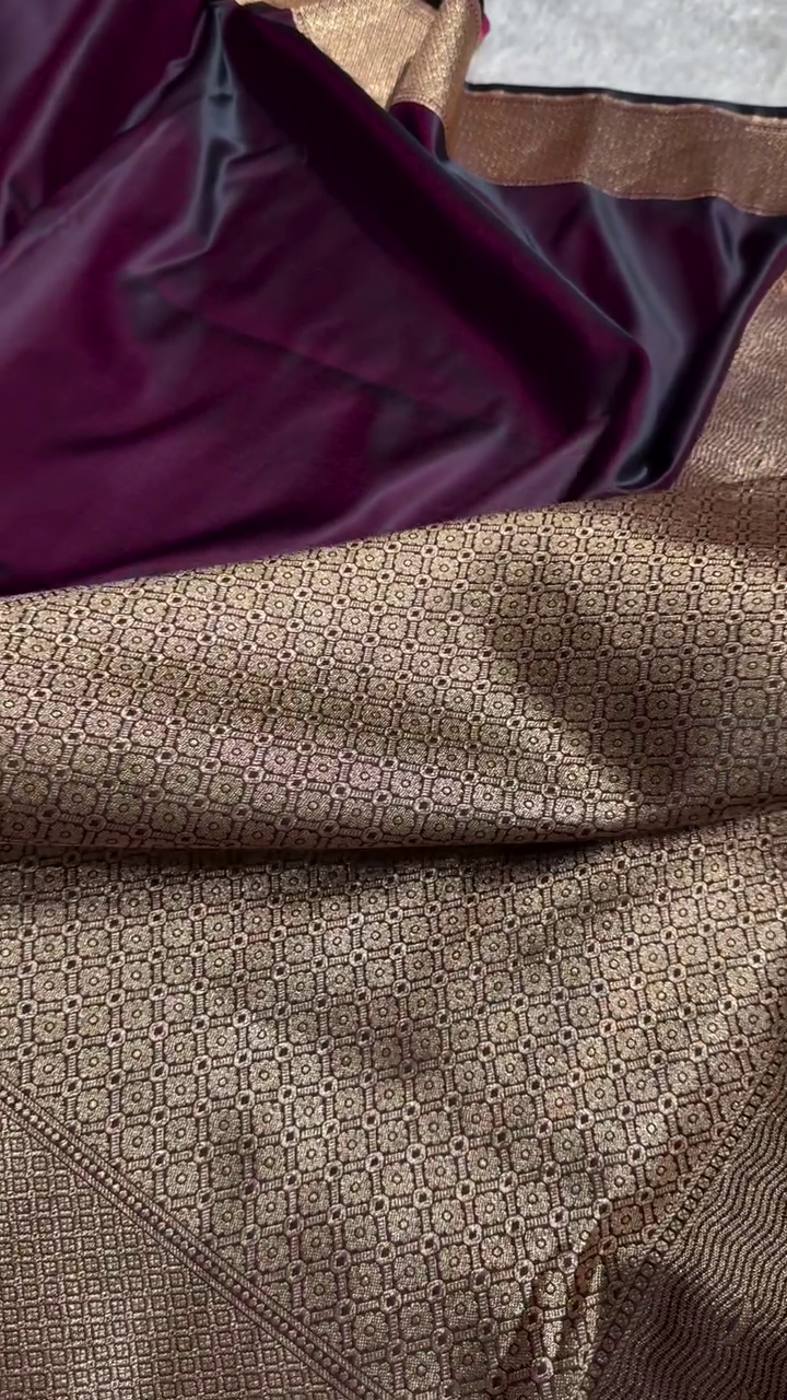 Majestic Wine Banarasi Silk Saree with Golden Zari Cityscape Border