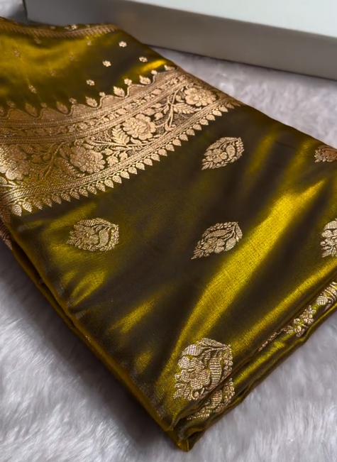 Olive Green Banarasi Silk Saree with Gold Zari Butta and Floral Border