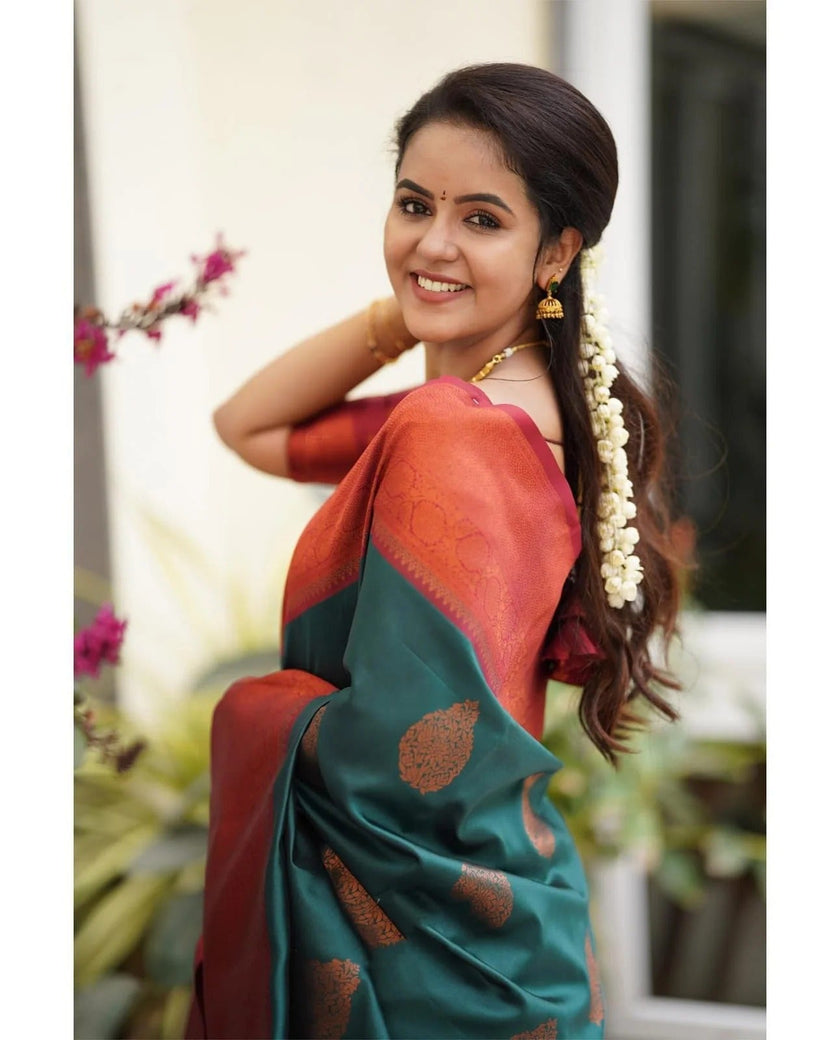 Kavya - Rama Soft Banarasi Silk Saree with Copper Jacquard Buttas