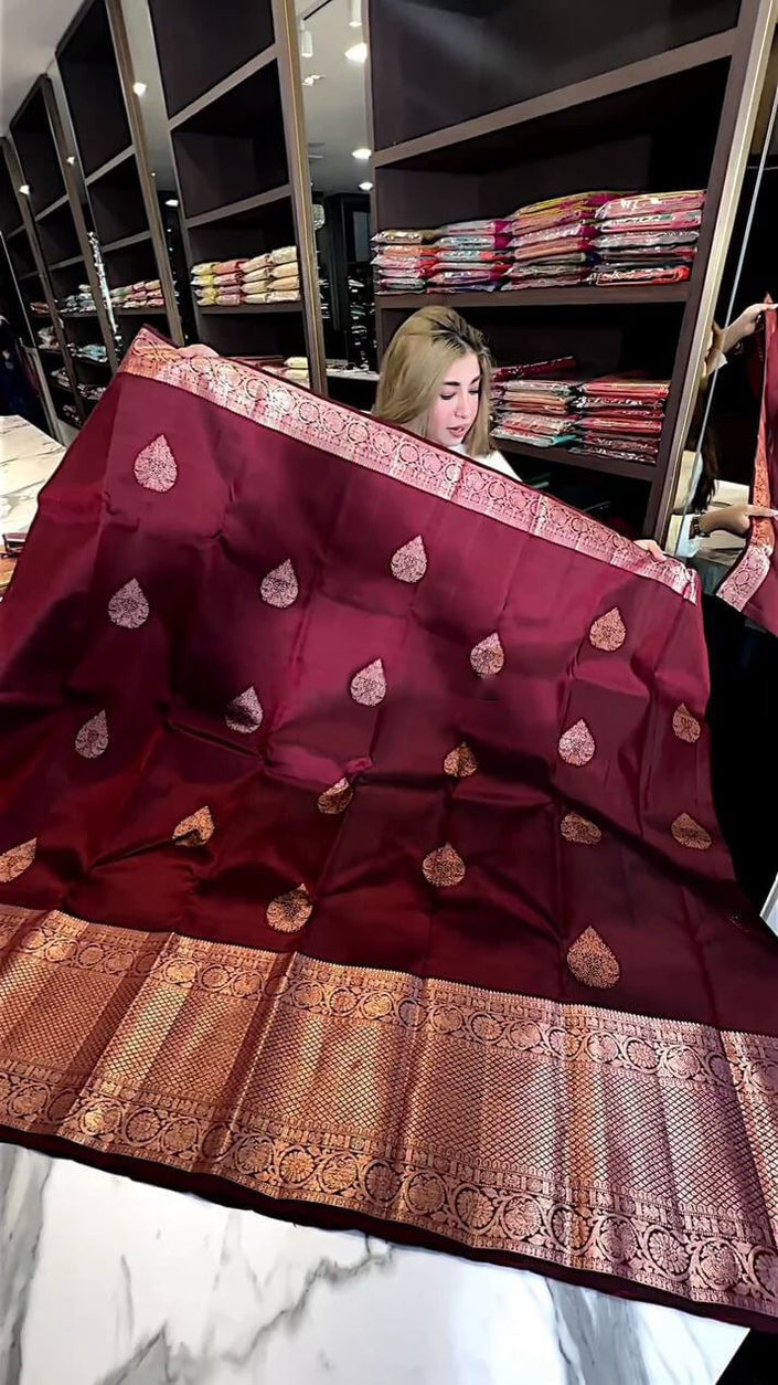 Aastha - Wine Soft Silk Saree with Jacquard Woven Motifs