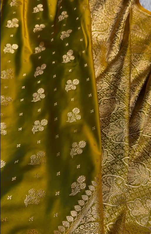 Mustard Olive Banarasi Silk Saree with Gold Zari Butta and Rich Pallu