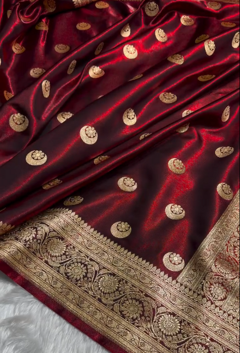 Wine Maroon Banarasi Silk Saree with Heavy Antique Gold Zari Pallu