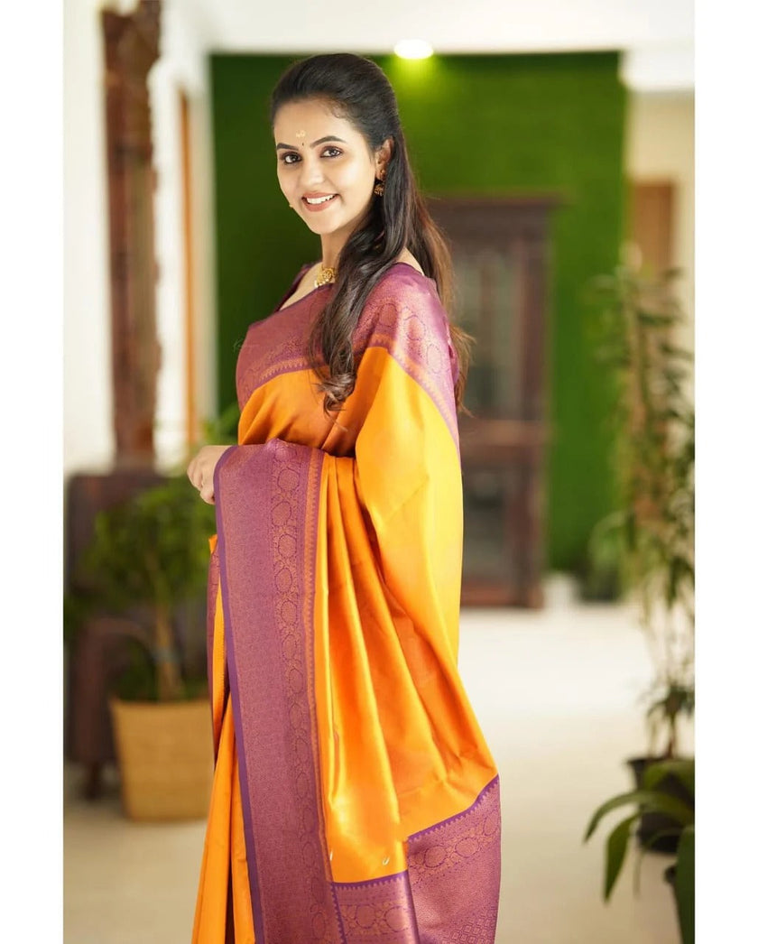 Kavya - Yellow Soft Banarasi Silk Saree with Copper Jacquard Buttas