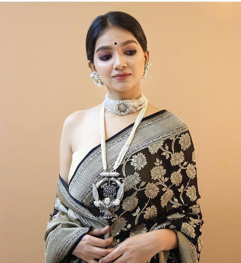 Kamini - Black Soft Silk Jacquard Saree with Floral Zari Work