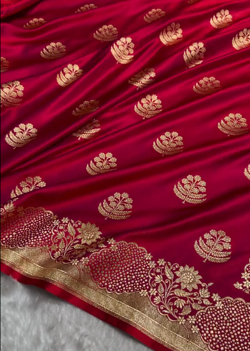 Rani Wine Banarasi Silk Saree with Heavy Floral Paisley Gold Zari Work