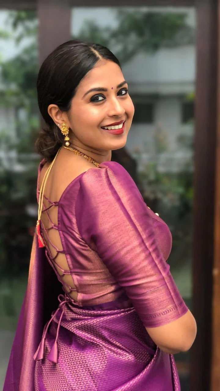 Valmika Purple Soft Kanjivaram Silk Drape with Unique Blouse Piece