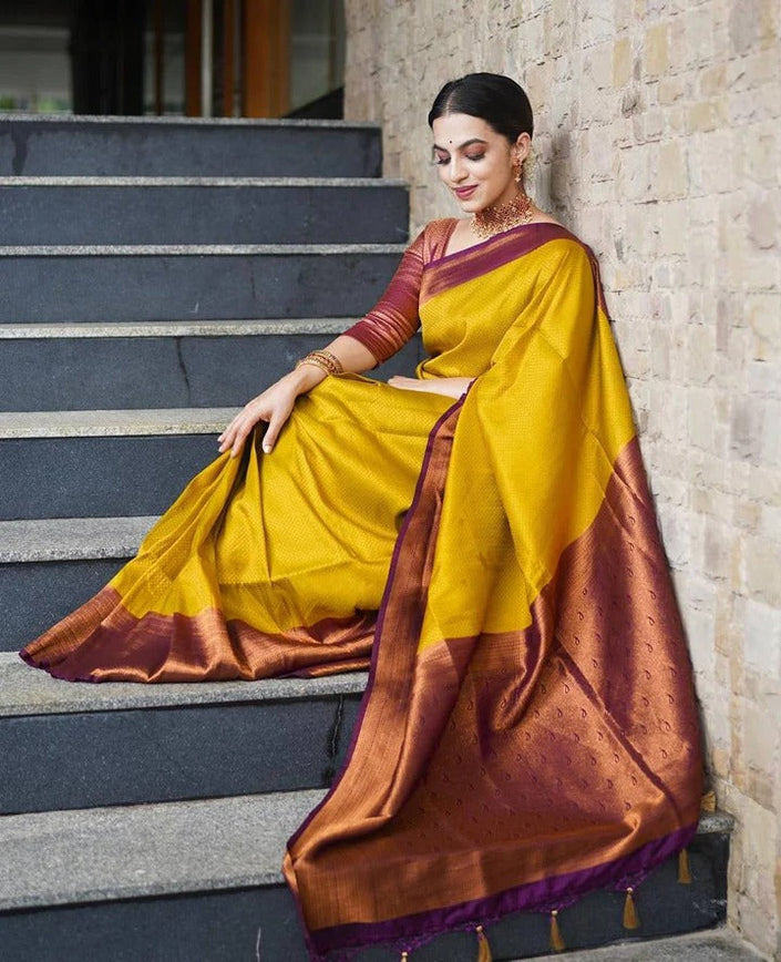Valmika Gold-Brown Soft Kanjivaram Silk Drape with Unique Blouse Piece