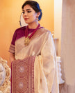 Bhagyam – Beige Soft Banarasi Silk Saree with Wine Jacquard Pallu